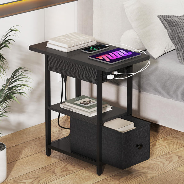 Borough Wharf Narrow Side Table With Charging Station, Black Slim Side